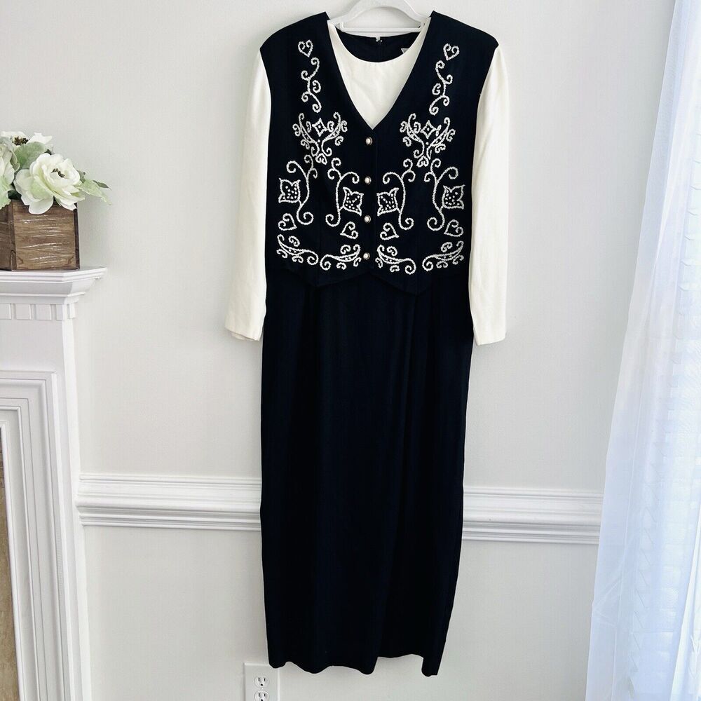 Vintage Jeffrey & Dara by Linda Hutley Black & White Embroidered Modest Dress 12